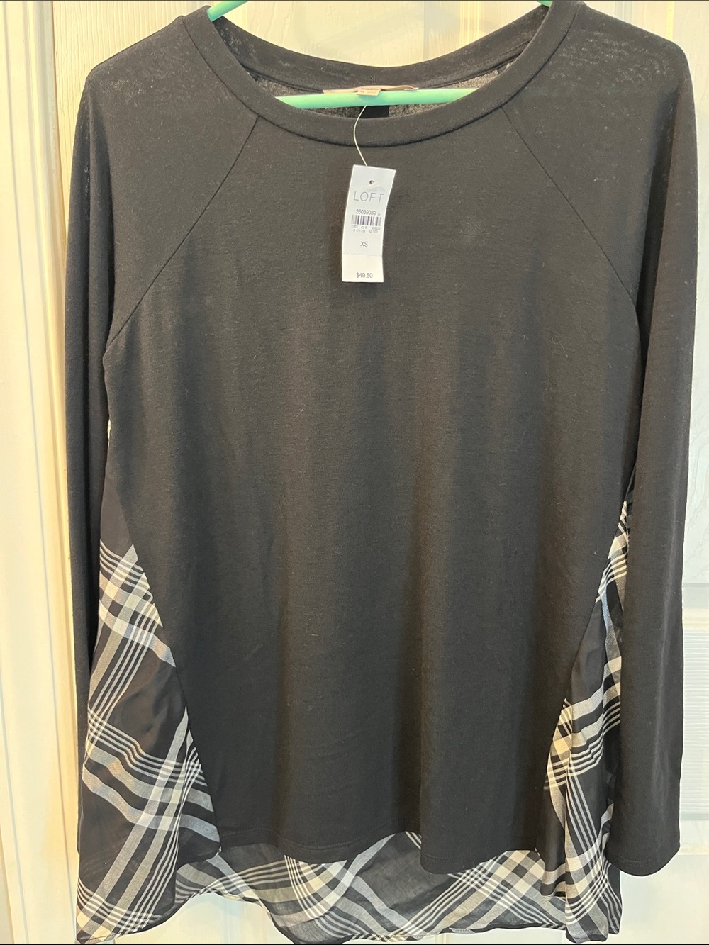 LOFT Black flowy top with plaid side panels and back